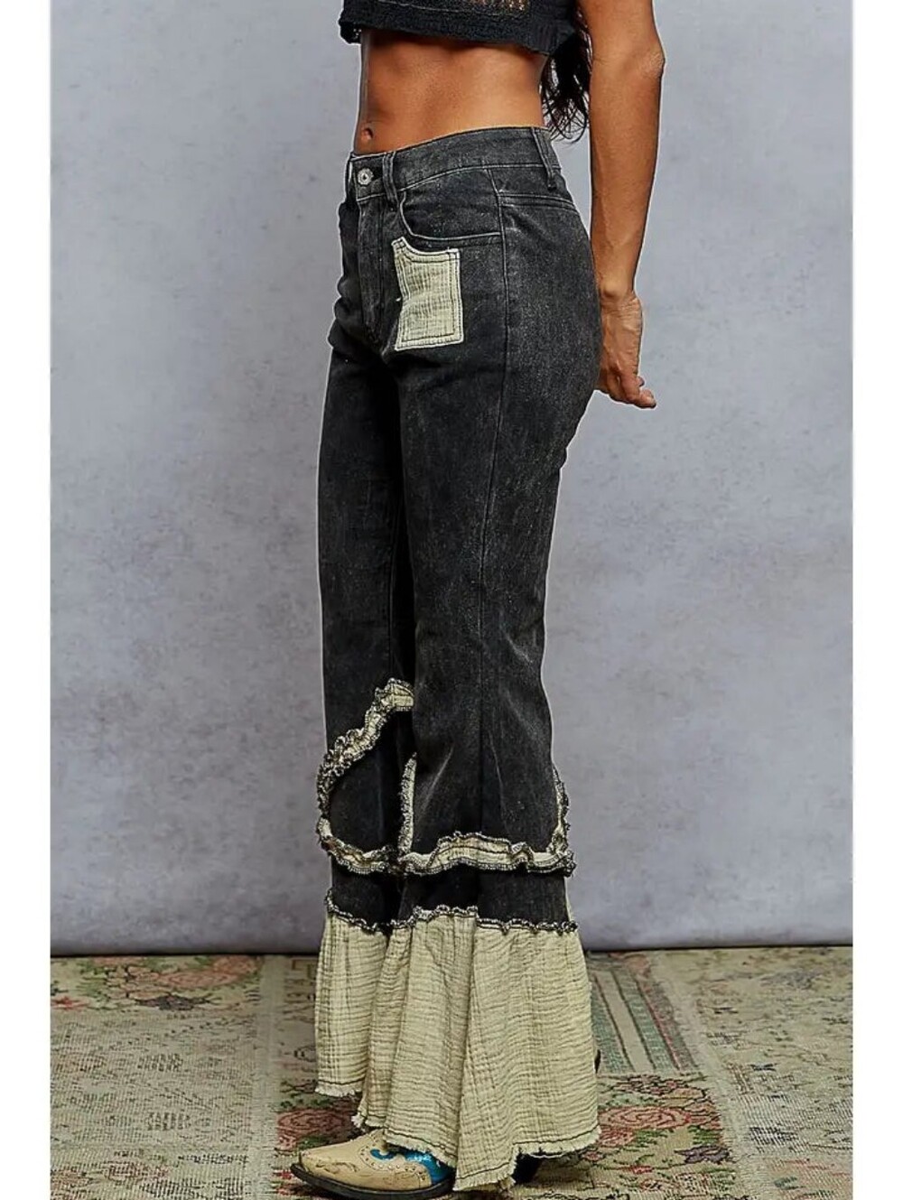 POL Vintage Wash Double Gauze Boho Ruffle Twill Flare Pants in Black&Cream Sz S - Picture 2 of 3